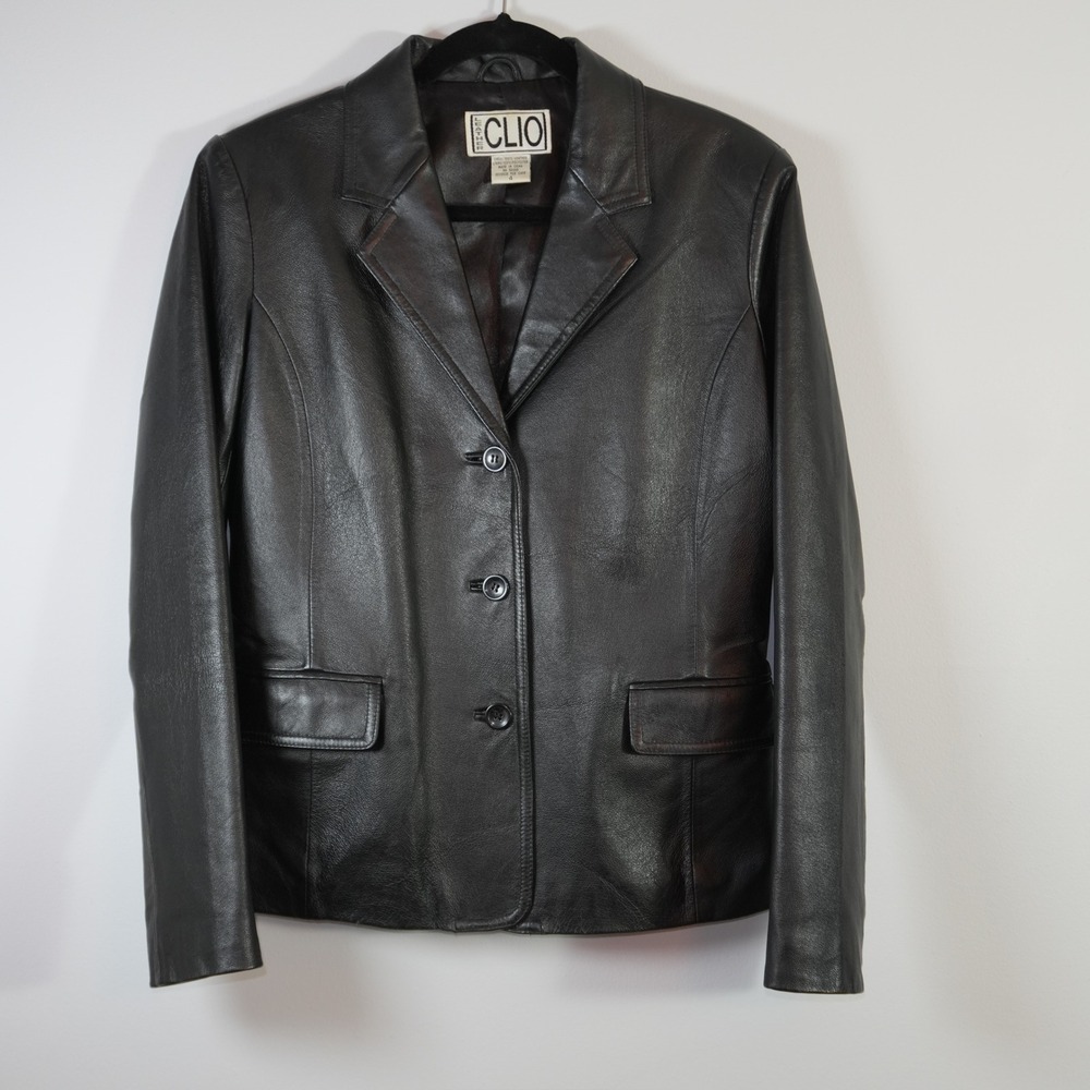Vintage Clio Black Leather Blazer Jacket 90s Y2K Retro Autumn Size 4
